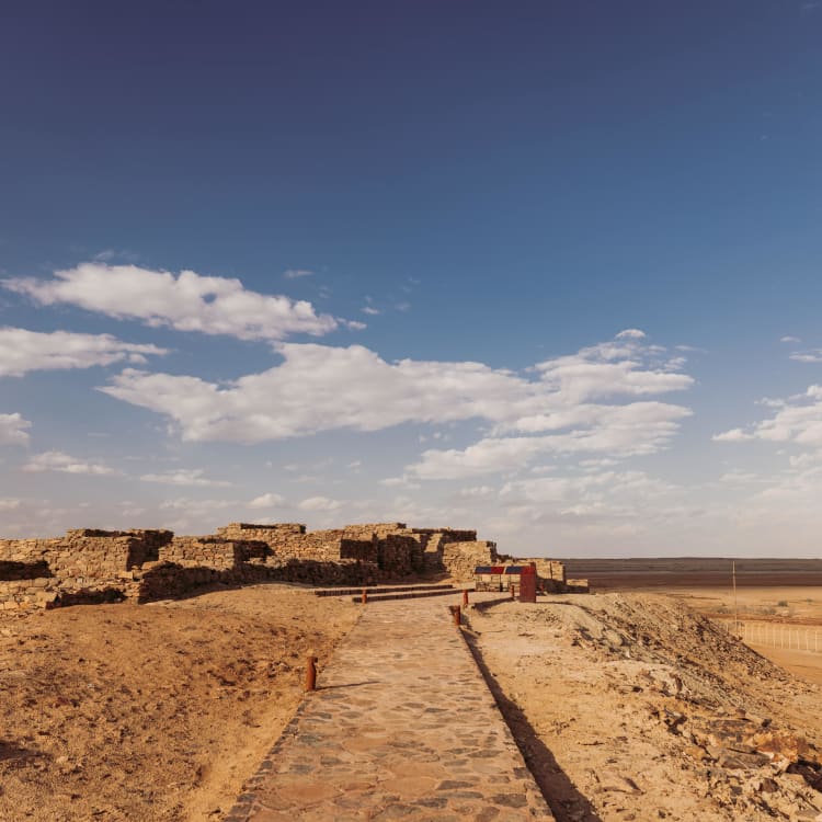 A desert landscape can be seen with ruins in the back