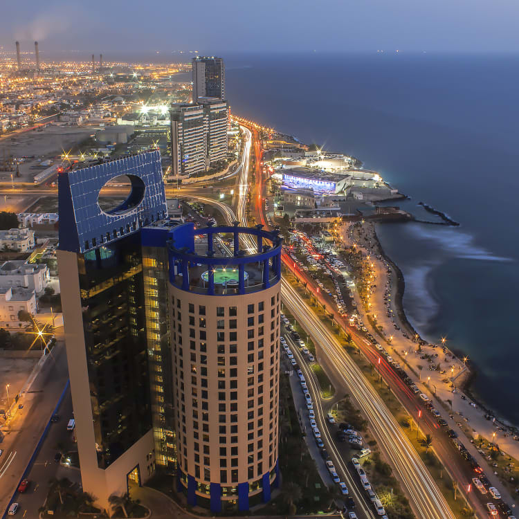 An aerial view over the city of Jedda by night