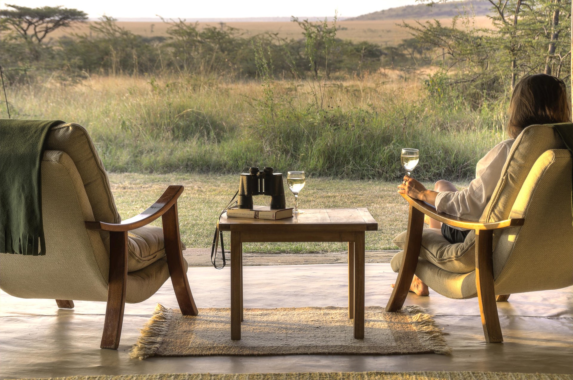 Ausblick von der Veranda eines Gaestezelts im Kicheche Bush Camp