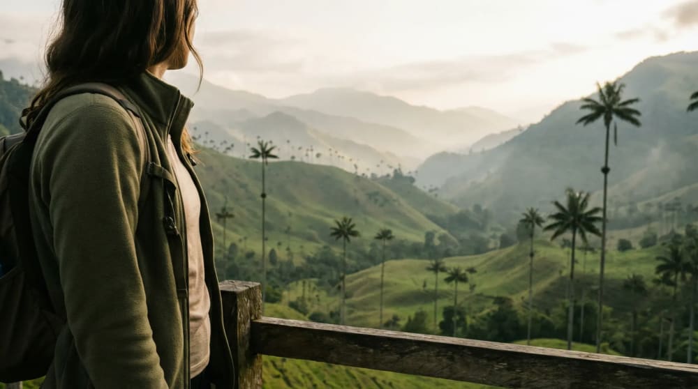 Reisende mit Fleece ueber T-Shirt auf einem Aussichtspunkt in der kolumbianischen Kaffeeregion — Schichtenprinzip fuer Kolumbien