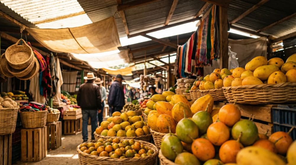 Touristen auf einem farbenfrohen Markt in der kolumbianischen Kaffeeregion bei Tageslicht — entspannte Alltagsszene zeigt Kolumbien Sicherheit im Alltag