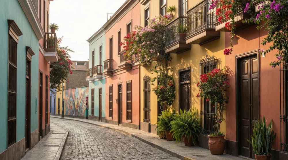 Barranco Lima — bunte Kolonialvillen und Treppen im Künstlerviertel bei Tageslicht
