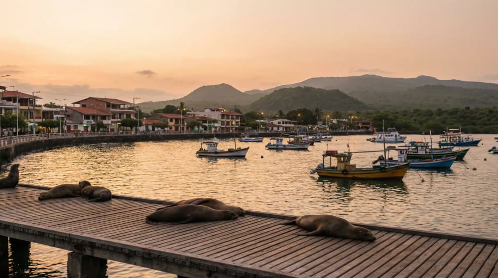 Puerto Ayora Hafen auf Santa Cruz — Boote in der Academy Bay, Seeloewen am Malecon und die Avenida Charles Darwin im Hintergrund