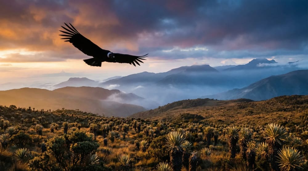 Andengeier ueber der Paramo-Landschaft im Chingaza-Nationalpark bei Bogota