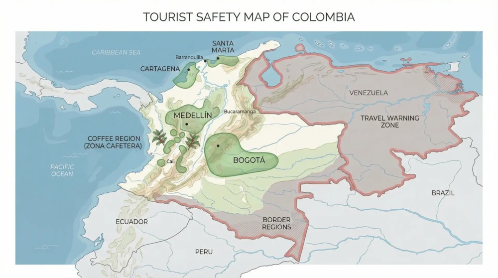 Karte Kolumbiens mit farblicher Markierung sicherer Touristenregionen in Gruen und Grenzregionen mit Reisewarnung in Rot — Kolumbien Sicherheit Regionen Uebersicht