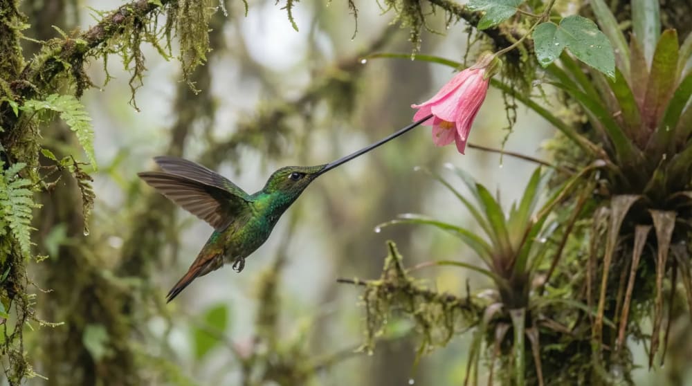 Schwertschnabel-Kolibri an Passiflora-Bluete im Nebelwald der Kaffeeregion