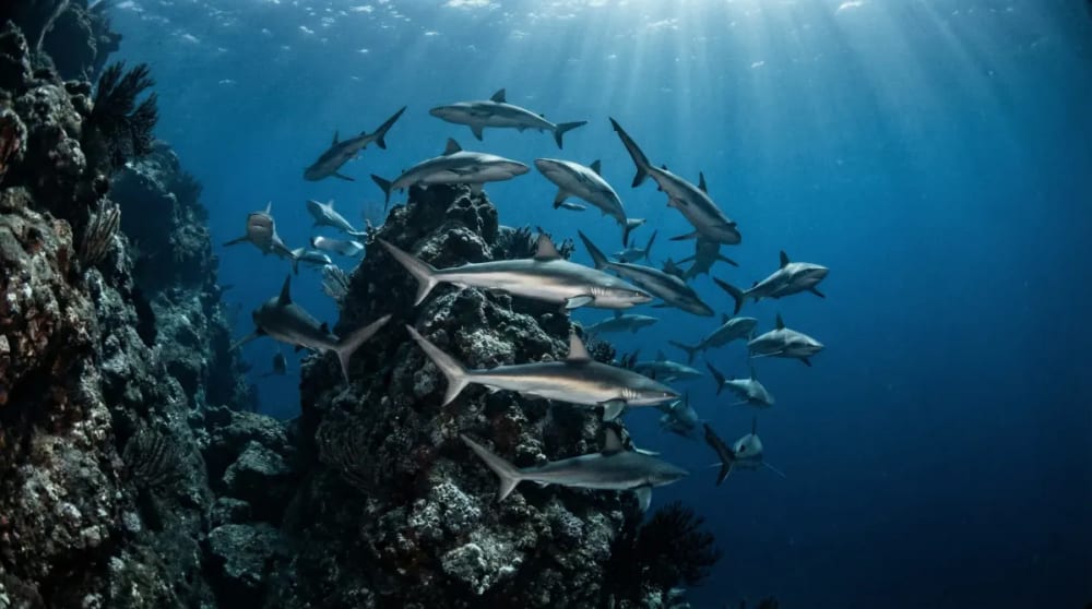 Grosser Schwarm Seidenhaie im tiefblauen Pazifikwasser um die Felseninsel Malpelo — UNESCO-Weltnaturerbe Malpelo Tauchen Kolumbien