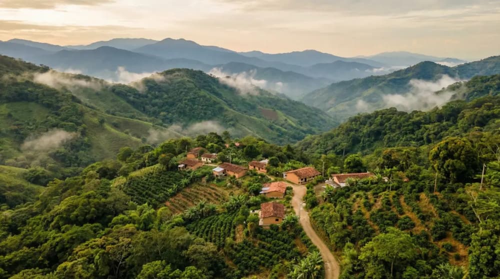 Bergdorf Minca in der Sierra Nevada de Santa Marta mit Nebelwald und Kaffeeplantagen im Morgenlicht