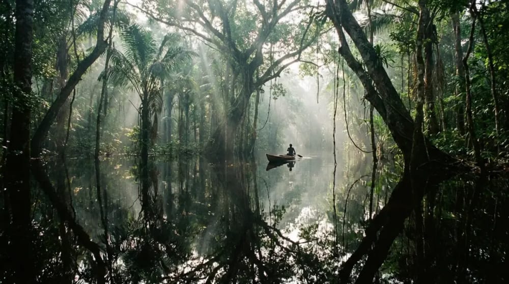Kanufahrt durch den ueberfluteten Igapo-Regenwald am Rio Negro bei Manaus waehrend der Regenzeit — exklusives Brasilien-Erlebnis