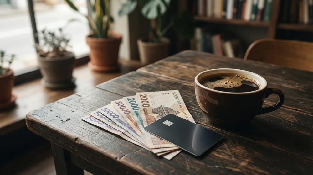 Kolumbianische Peso-Scheine und Kreditkarte neben einem Kaffee in einem Cafe in Bogota
