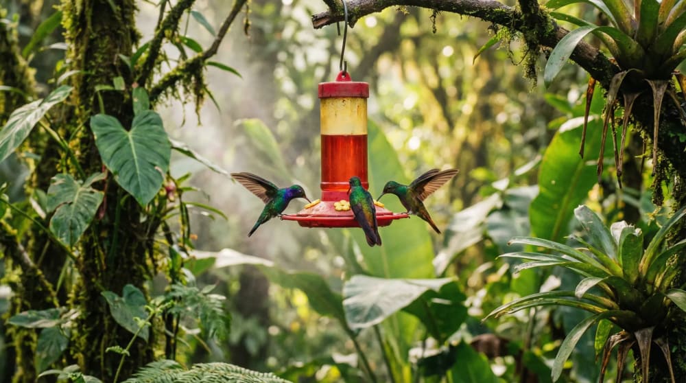 Kolibris am Feeder im Nebelwald bei Minca, Sierra Nevada de Santa Marta