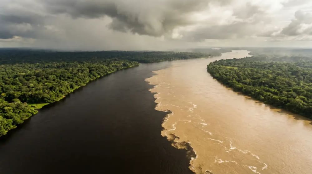 Luftaufnahme der Begegnung der Wasser bei Manaus Amazonas Brasilien — scharfe Linie zwischen dem schwarzen Rio Negro und dem sandfarbenen Rio Solimoes