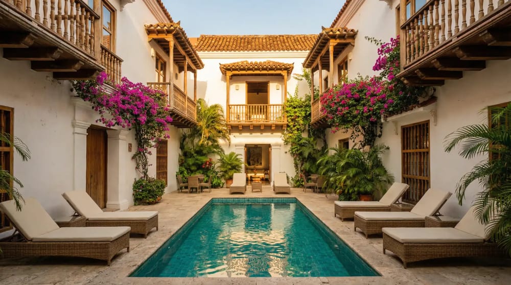 Boutique-Hotel im Kolonialstil in Cartagenas Altstadt mit Innenhof-Pool und tropischen Pflanzen