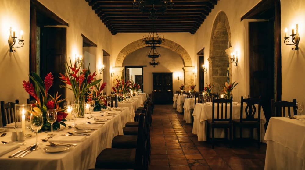 Gehobenes Restaurant in kolonialem Ambiente in Cartagena mit gedeckten Tischen und warmem Licht