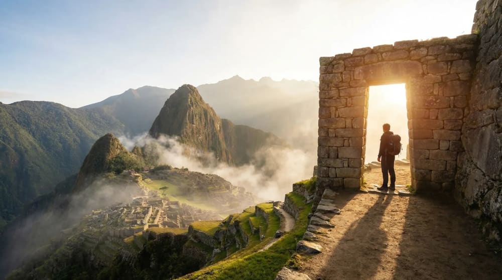 Wanderer am Inti Punku Sonnentor mit Blick auf Machu Picchu — goldenes Morgenlicht