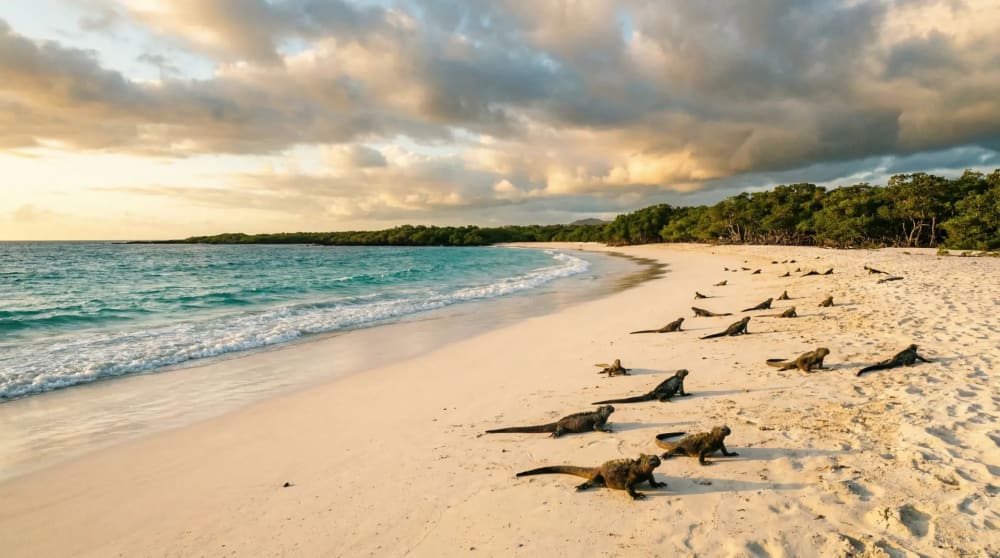 Panorama der Tortuga Bay auf Santa Cruz — langer weisser Sandstrand mit Meerechsen und tuerkisfarbenem Wasser, Galapagos-Inseln