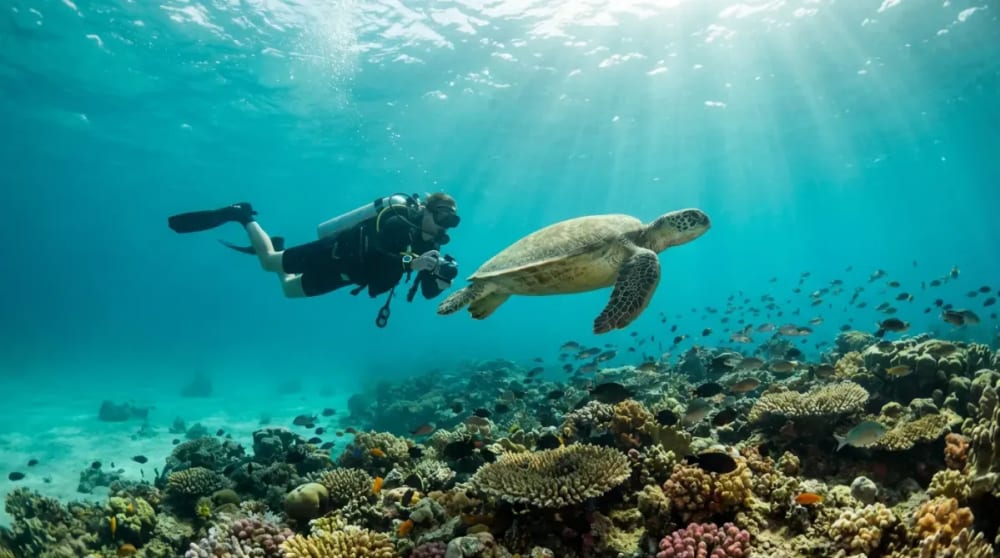 Taucher mit Meeresschildkroete im kristallklaren Wasser vor Fernando de Noronha — beste Unterwassersicht August bis Oktober
