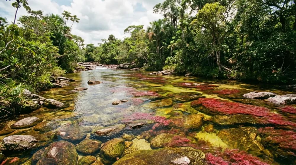 Der Fluss Cano Cristales mit leuchtend roten, gelben und gruenen Farben der endemischen Wasserpflanze Macarenia clavigera in klarem Wasser