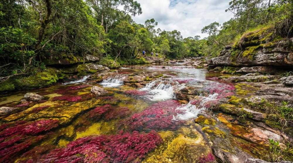 Leuchtend roter Cano Cristales mit Macarenia-clavigera-Wasserpflanzen im Nationalpark Serrania de la Macarena — Kolumbien Natur