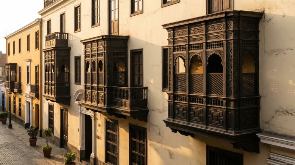Centro Histórico Lima — geschnitzte Holzbalkone im maurischen Mudéjar-Stil am Erzbischofspalast