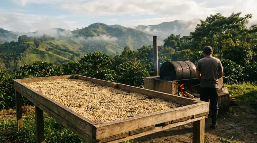 Kaffeeröstung und -verarbeitung auf einer traditionellen Kaffeefinca in der Kaffeeregion nahe Salento Kolumbien