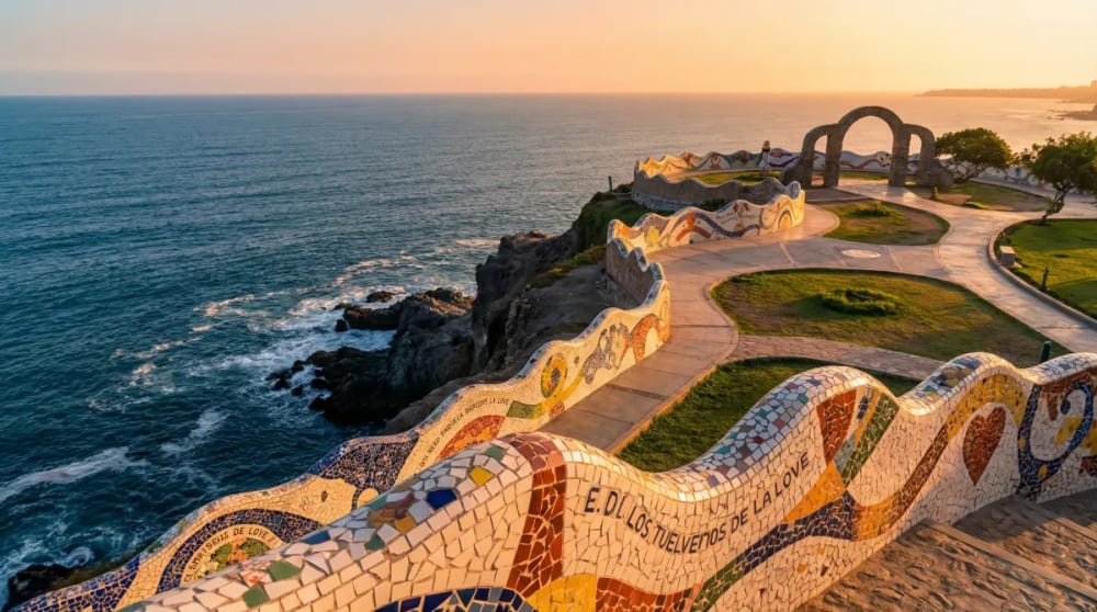 Parque del Amor in Miraflores Lima — Skulptur El Beso mit Gaudí-inspirierten Mosaiken und Pazifik-Panorama