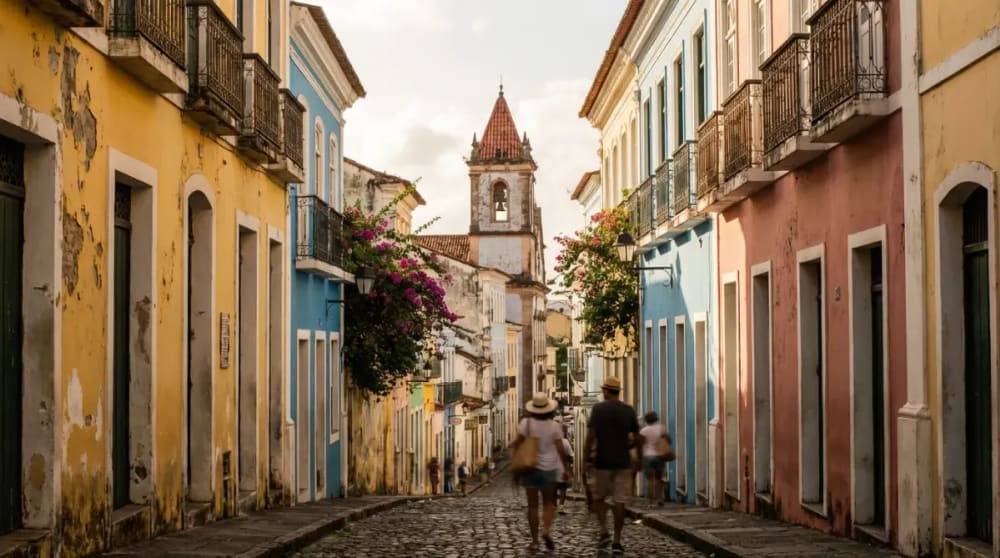 Bunte Kolonialhaeuser im historischen Pelourinho-Viertel von Salvador de Bahia bei Sonnenschein — beste Reisezeit Oktober bis Februar