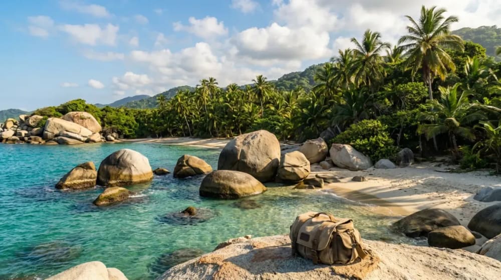 Tuerkisblaues Karibikwasser und Kokospalmen am Strand des Tayrona-Nationalparks waehrend der besten Reisezeit Kolumbiens