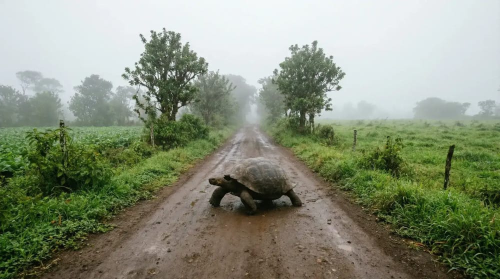 Freilaufende Galapagos-Riesenschildkroete auf einem Feldweg im Hochland von Santa Cruz — El Chato Reservat mit gruenem Grasland