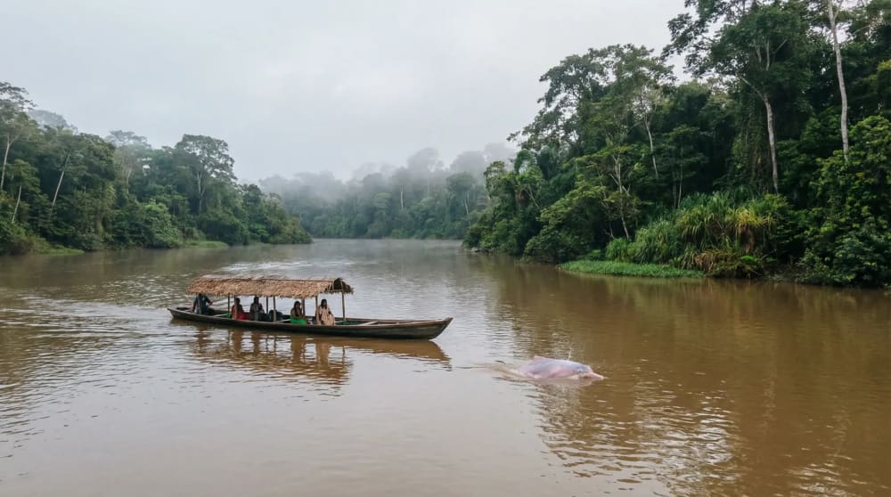 Amazonas-Flusslandschaft mit dichtem Regenwald und rosa Flussdelfin im Nationalpark Amacayacu — Kolumbien Amazonas