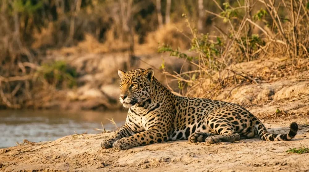 Jaguar am Flussufer des Rio Cuiaba im Pantanal waehrend der Trockenzeit im September — beste Reisezeit fuer Wildlife in Brasilien
