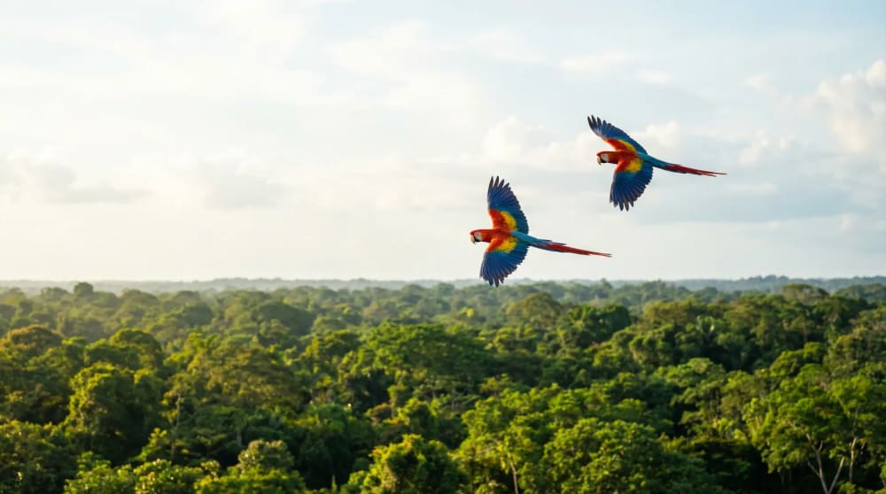 Scharlachrote Aras im Flug ueber dem Regenwald bei Leticia, Amazonas Kolumbien
