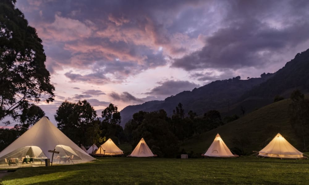 Glamorous camping tents set up on lush green grass with a mountainous backdrop at sunset.