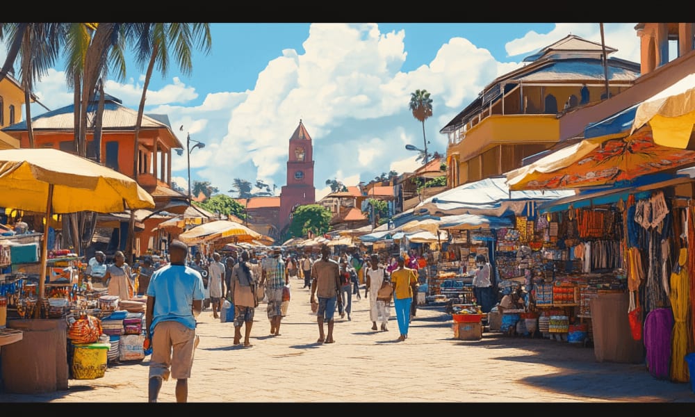 Eine lebendige Marktstraße in einer ugandischen Stadt mit bunten Ständen und Menschen beim Einkaufen unter Sonnenschirmen.