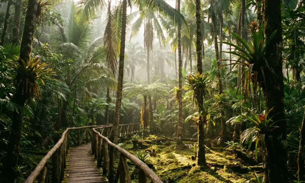 Tropische Vegetation und Palmen im Tayrona-Nationalpark an der Karibikkueste Kolumbiens — Gesundheitsvorsorge und Impfungen fuer Kolumbien-Reisende