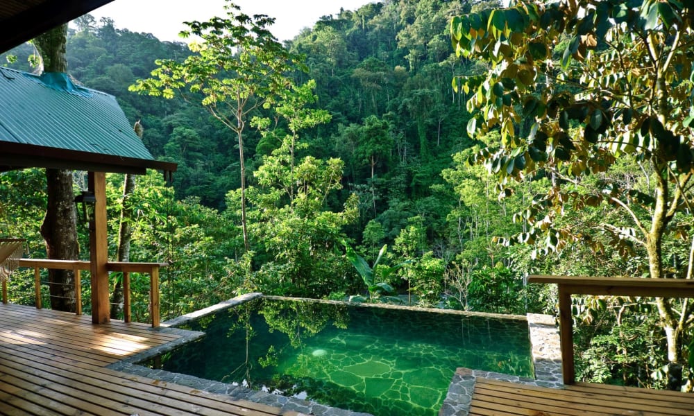Eine Holzveranda mit einem kleinen Pool mit Blick auf den üppigen grünen tropischen Wald in Costa Rica.