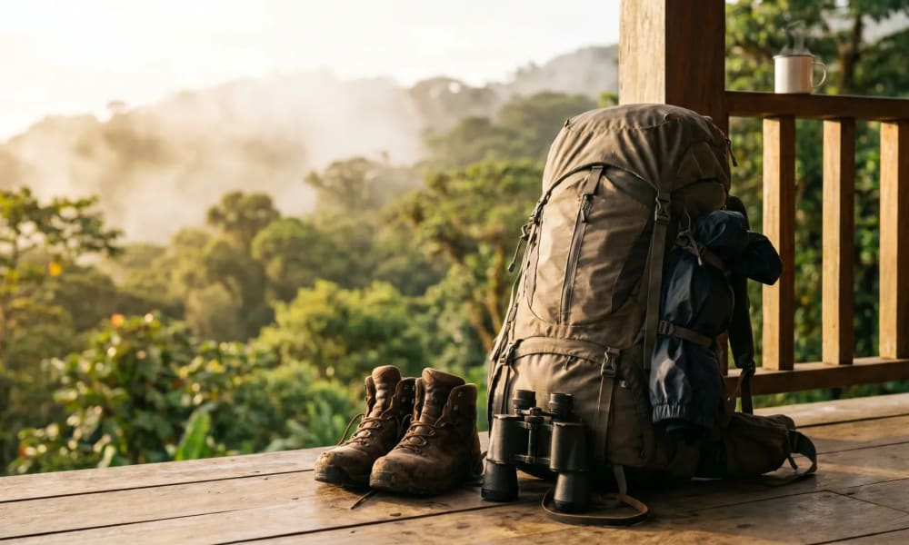 Ein großer Rucksack, Wanderschuhe und ein Fernglas auf einem Holzdeck mit Blick auf eine neblige Waldlandschaft bei Sonnenauf- oder -untergang.