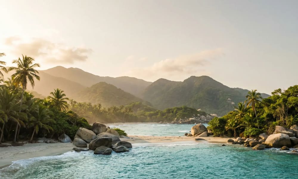Tuerkisblaues Meer und Kokospalmen am Strand des Tayrona-Nationalparks an Kolumbiens Karibikkueste waehrend der Trockenzeit