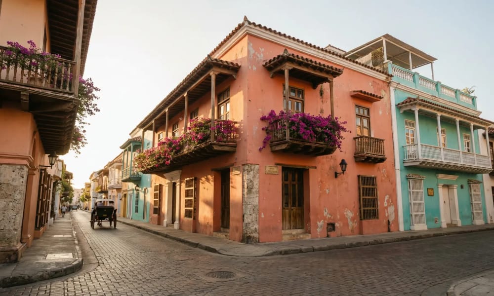 Bunte Kolonialfassaden mit blühendem Bougainvillea in Cartagenas UNESCO-geschützter Altstadt im warmen Licht der Abendsonne