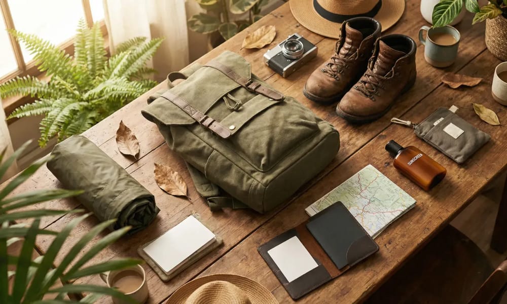 Gepackter Reiserucksack mit Schichtkleidung und Wanderschuhen vor tropisch-andiner Kulisse in Kolumbien