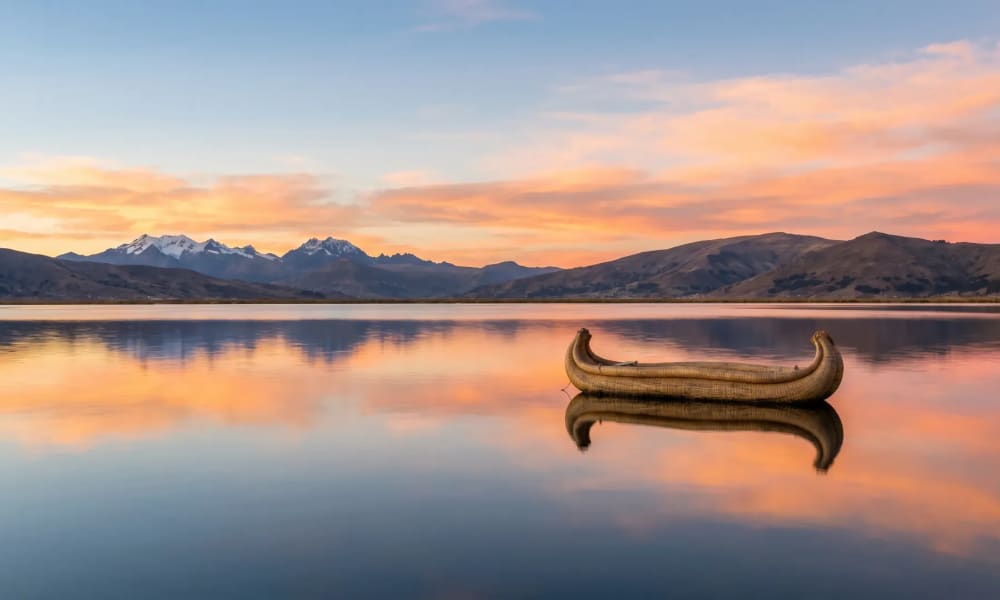 Titicacasee mit traditionellem Totora-Schilfboot im Vordergrund und schneebedeckter Andenkulisse im Hintergrund