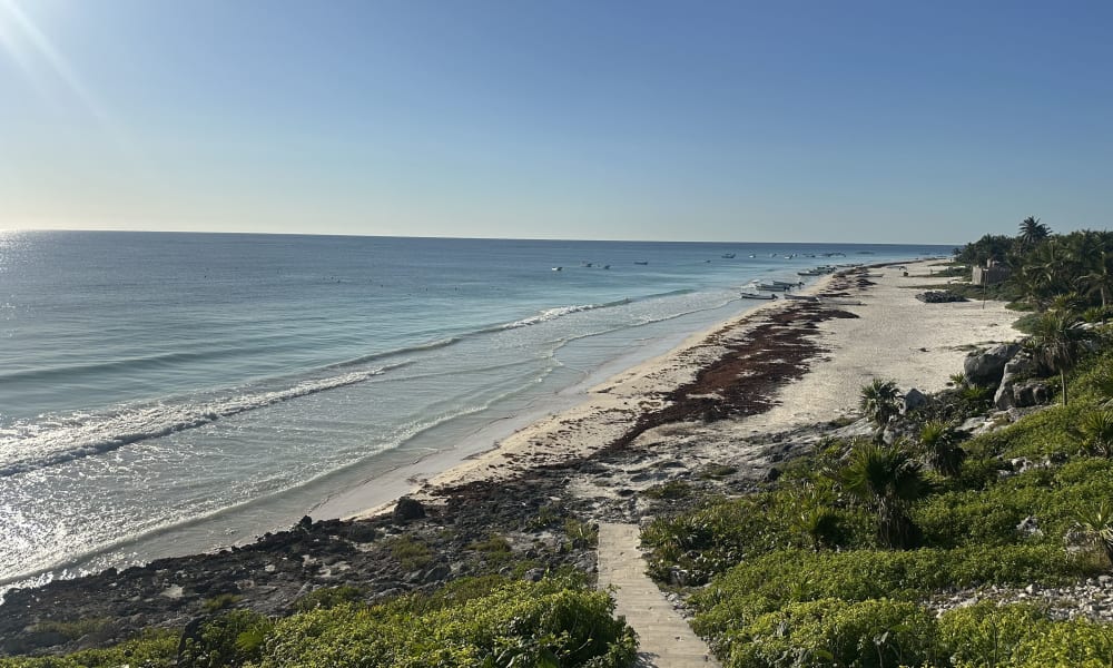 Küstenblick auf einen Sandstrand in Tulum, Mexiko, mit sanften Wellen und einem steinigen Weg, der durch Grünflächen führt.
