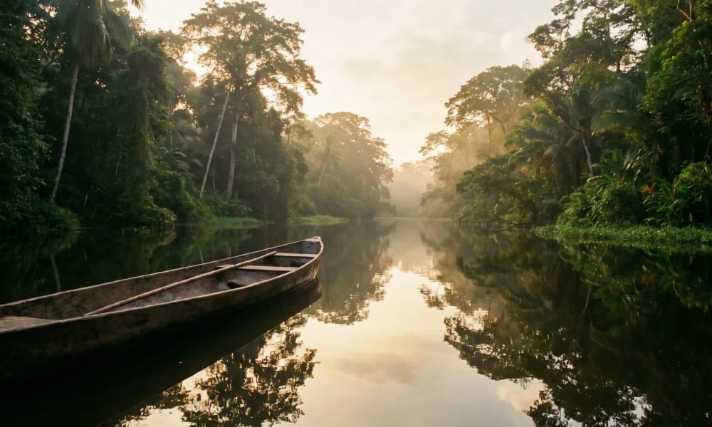 Kanu auf dem Kanalsystem des Tortuguero Nationalparks Costa Rica im Morgennebel, beidseits dichter Regenwald