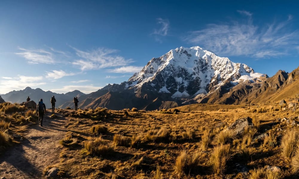 Blick auf den schneebedeckten Nevado Salkantay auf 6.271 Metern mit Trekkern auf dem Weg zum Salkantay-Pass