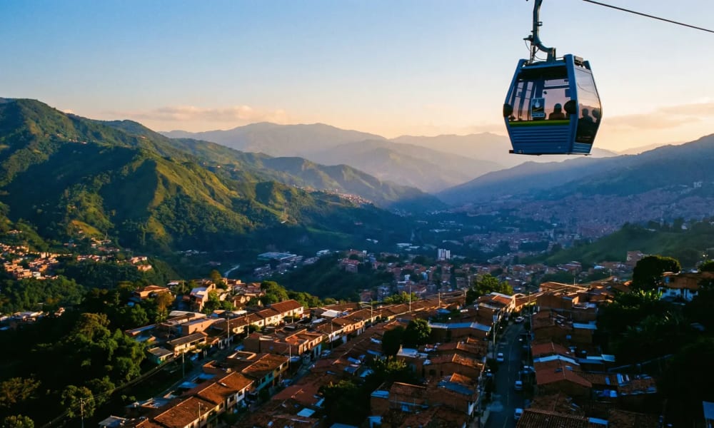 Panoramablick über Medellín mit grünen Bergen und Metrocable-Seilbahn bei Sonnenuntergang