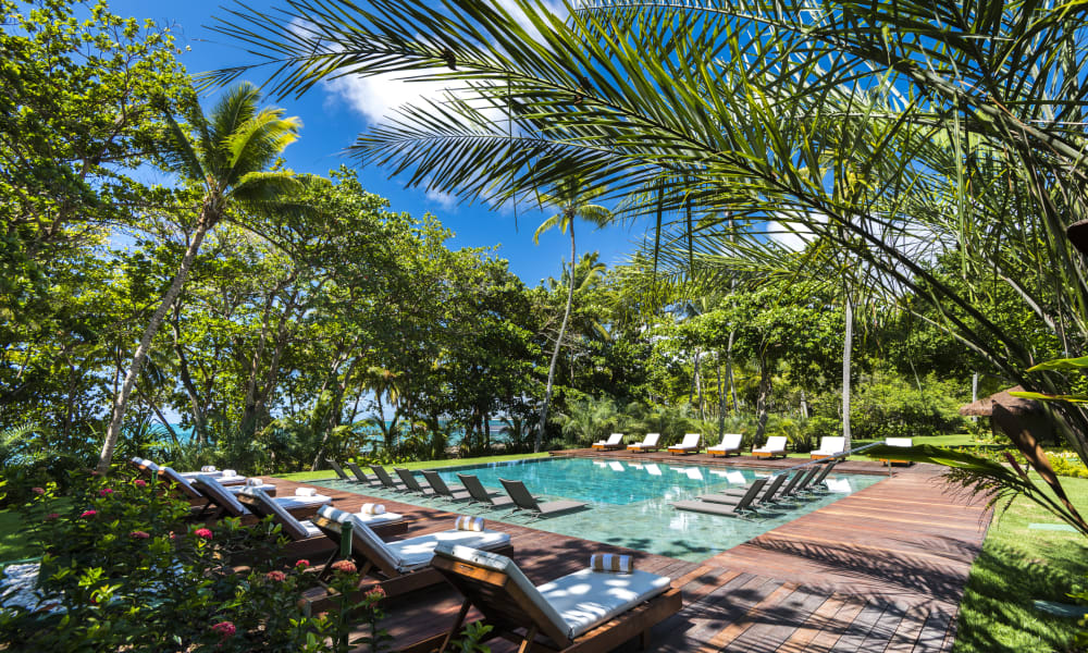 A luxurious swimming pool surrounded by lush tropical trees and greenery at Tivoli Eco Resort in Brazil.