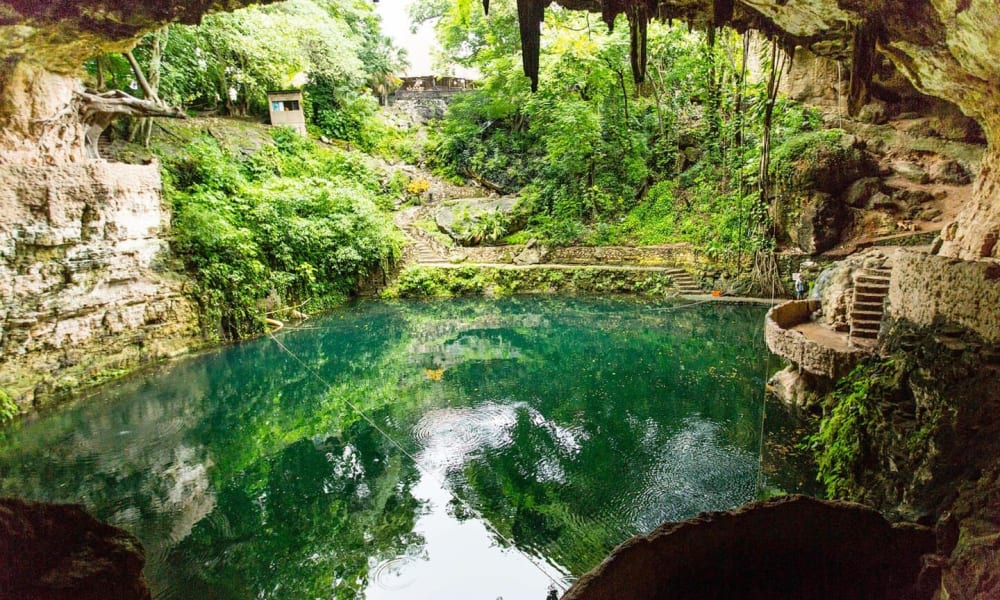 Innerhalb einer Höhle mit einem türkisfarbenen Wasserbecken, umgeben von dichtem Grün und felsigen Wänden, mit Stalaktiten an der Decke.