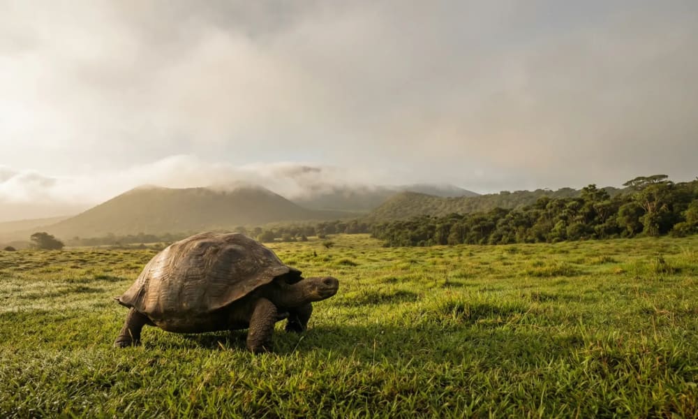 Freilaufende Galapagos-Riesenschildkroete im gruenen Hochland von Santa Cruz — die Hub-Insel des Archipels mit sechs Vegetationszonen