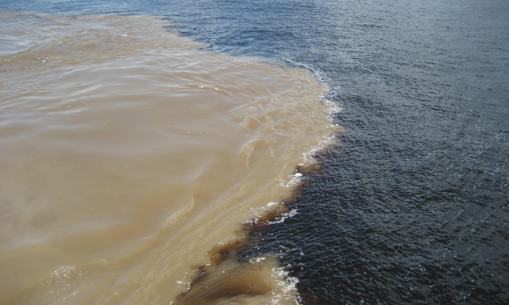 A river meeting where two different colored waters converge in Manaus, Amazonas, Brazil.
