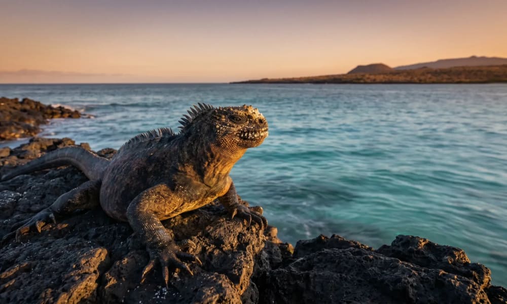 Eine Meerechse sonnt sich auf felsigen Vulkanufern mit dem Ozean und entfernten Inseln unter einem Sonnenuntergangshimmel auf den Galápagos-Inseln.